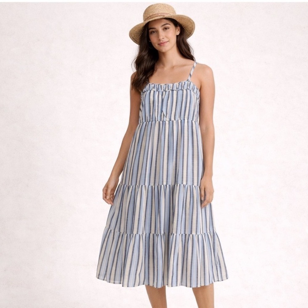 New Aerie Midi Dress Womens XXS Blue White Striped Tiered Smocked Coastal Boho